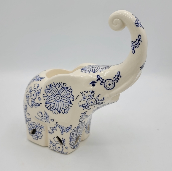 Other - Ceramic Elephant Candle Holder Blue White Floral Tea Light Votive 7.5” Tall